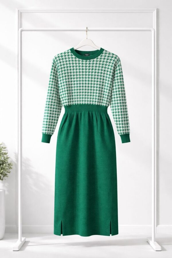 Two-Tone Houndstooth Knit Sweater Dress