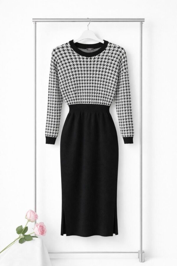 Two-Tone Houndstooth Knit Sweater Dress