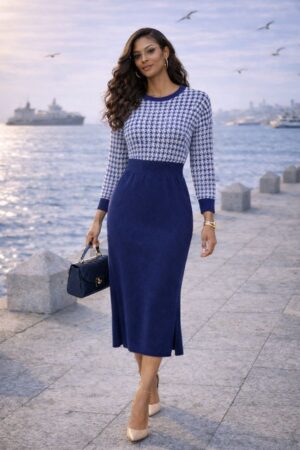 Two-Tone Houndstooth Knit Midi Dress