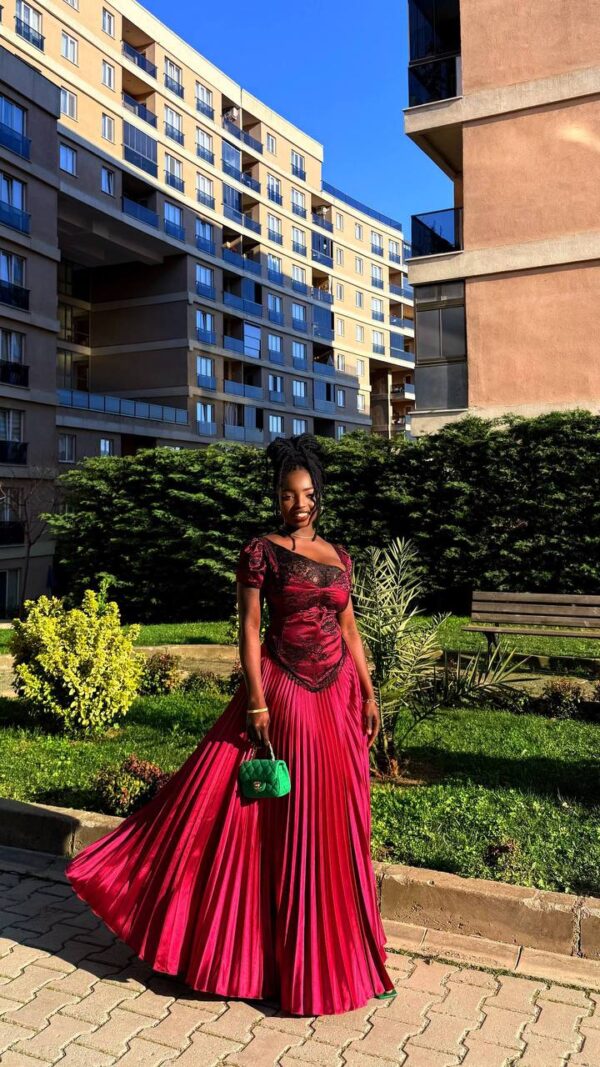 Regal Brocade Bodice Pleated Evening Gown