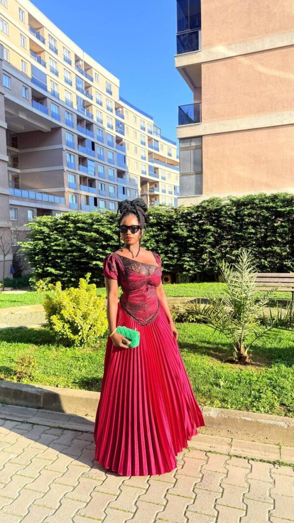 Regal Brocade Bodice Pleated Evening Gown
