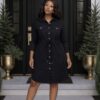 Chic Drawstring Waist Button-Up Shirtdress