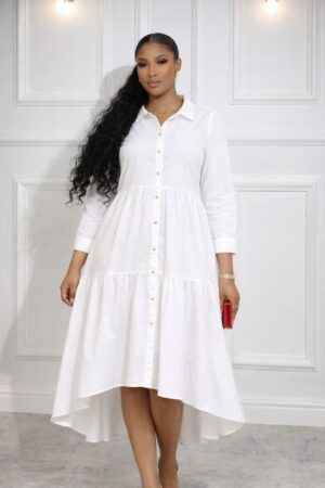 Wholesale Tiered Ruffle High-Low Shirtdress