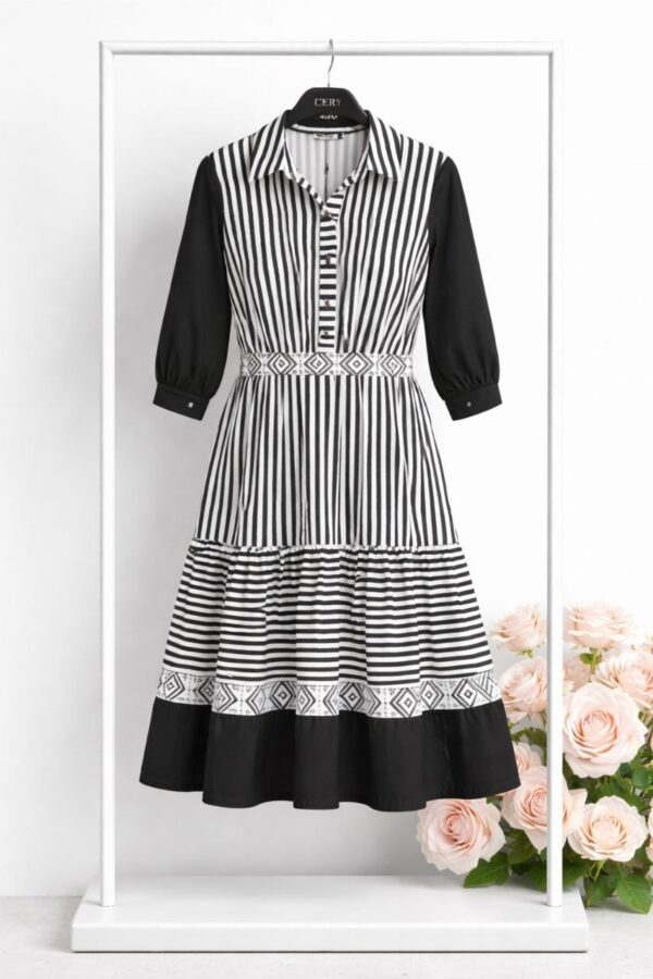 Striped Geometric Print Midi Shirtdress