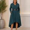Long-Sleeve Belted High-Low Midi Dress