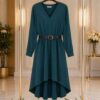 Long-Sleeve Belted High-Low Midi Dress