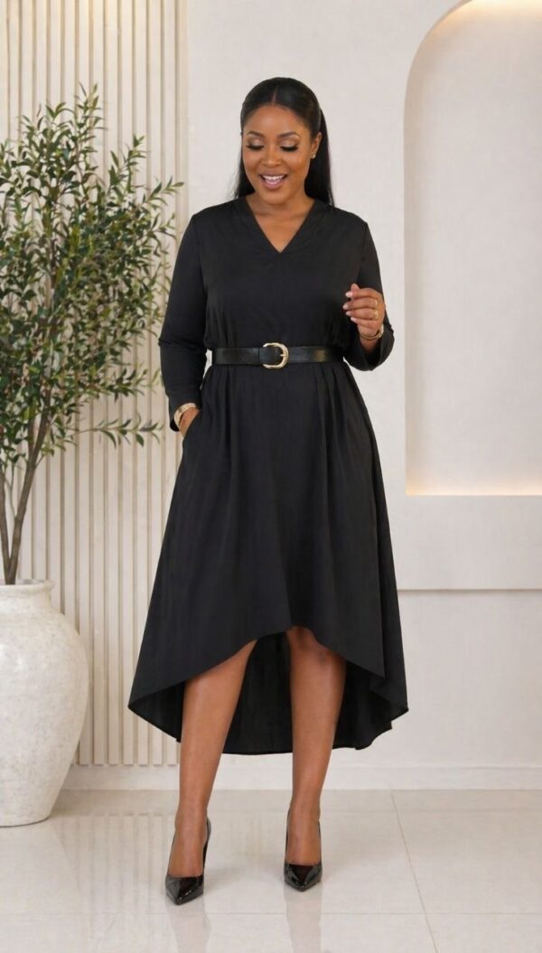 Long-Sleeve Belted High-Low Midi Dress