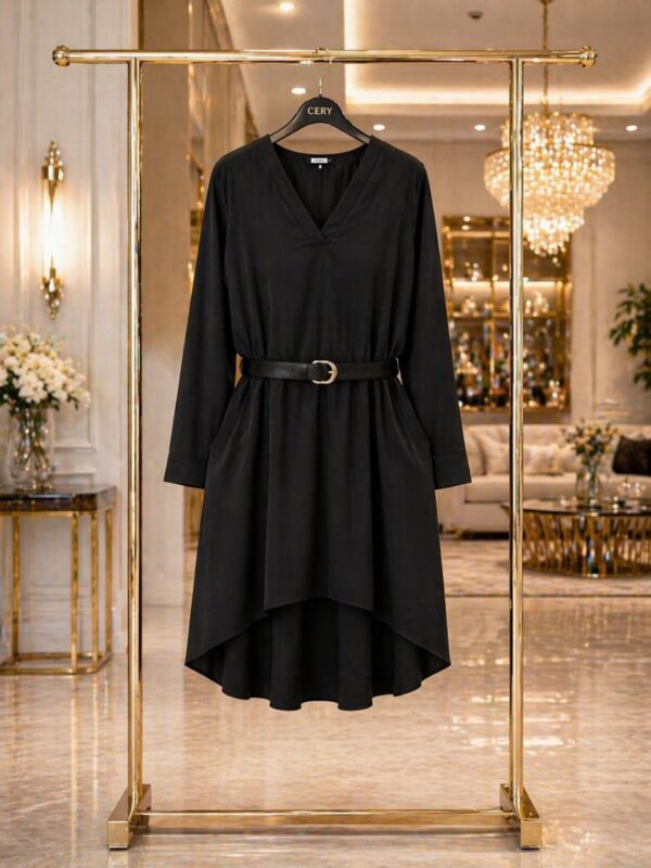 Long-Sleeve Belted High-Low Midi Dress