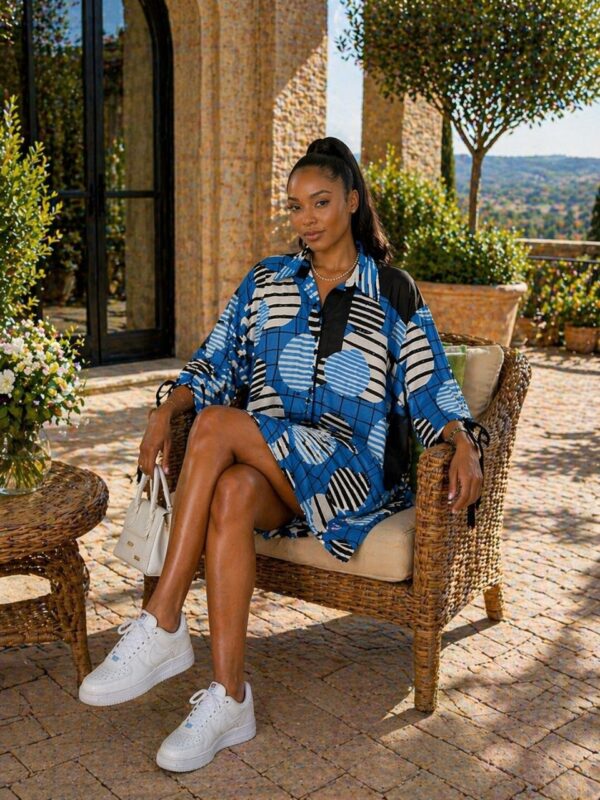 Abstract Print Tie-Sleeve Shirtdress
