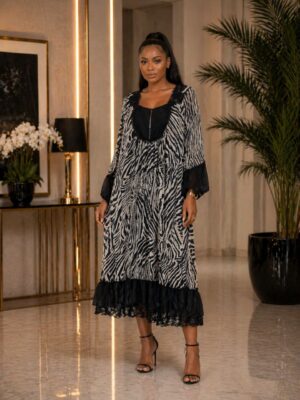 Elegant Lace-Trimmed Zebra Print Kaftan