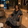 Elegant Lace-Trimmed Zebra Print Kaftan