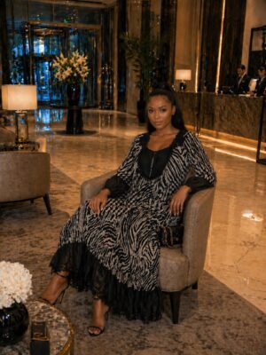 Elegant Lace-Trimmed Zebra Print Kaftan