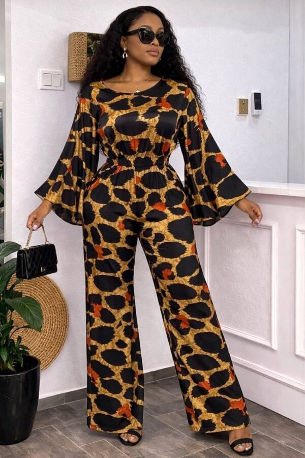 Wholesale Animal Print Flared Sleeve Jumpsuit
