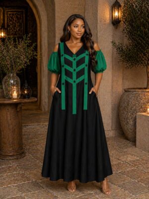 Chevron Bodice Cold-Shoulder Maxi Dress