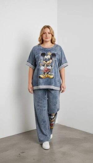 Wholesale Mickey Mouse Graphic Denim-Look Two-Piece Set