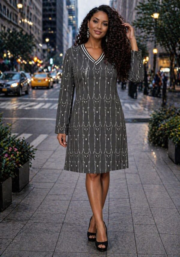 Wholesale V-Neck Cat Print Long Sleeve Dress