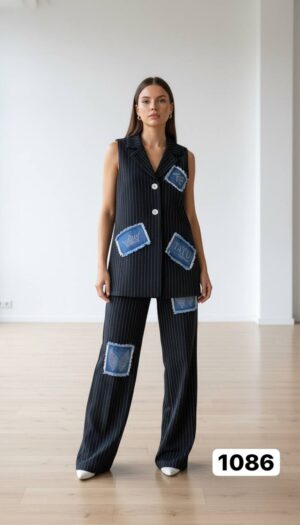 Pinstripe Sleeveless Suit with Denim Patchwork