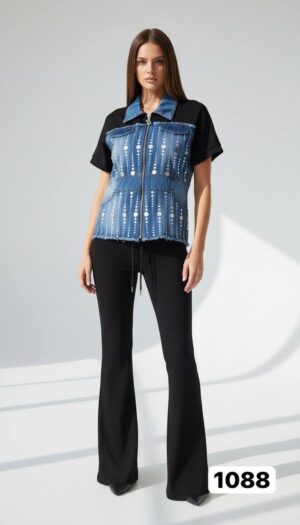 Embellished Denim & Ribbed Flare Pant Set