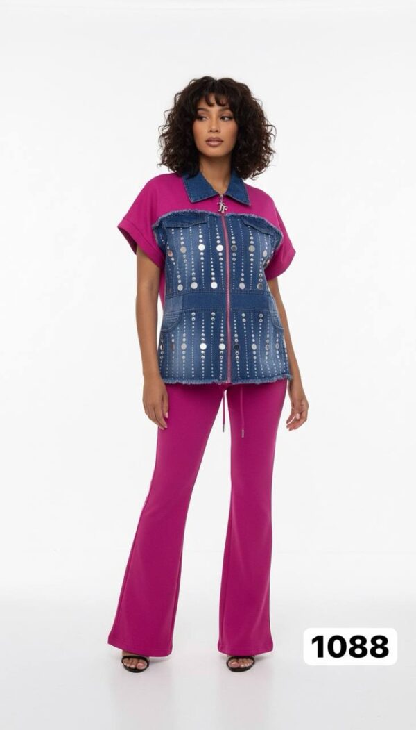 Embellished Denim & Ribbed Flare Pant Set