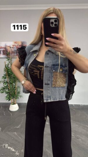 Embellished Denim Vest 3-Piece Pant Set