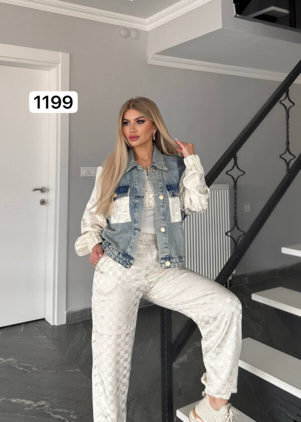 Denim & Checkered Jacquard Two-Piece Set