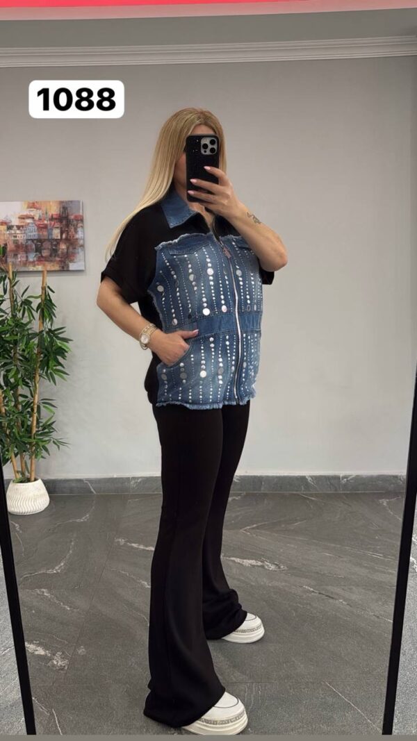 Embellished Denim & Ribbed Flare Pant Set