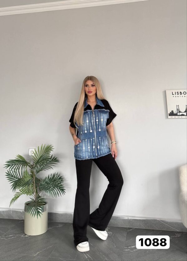 Embellished Denim & Ribbed Flare Pant Set