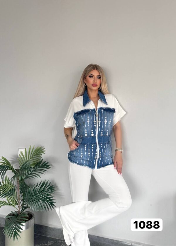Embellished Denim & Ribbed Flare Pant Set