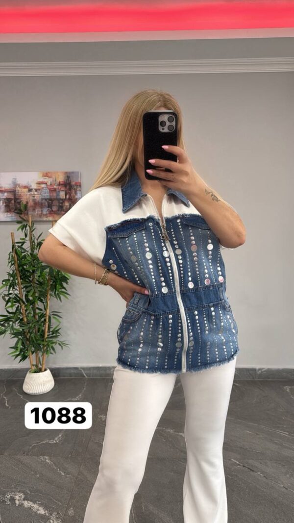 Embellished Denim & Ribbed Flare Pant Set