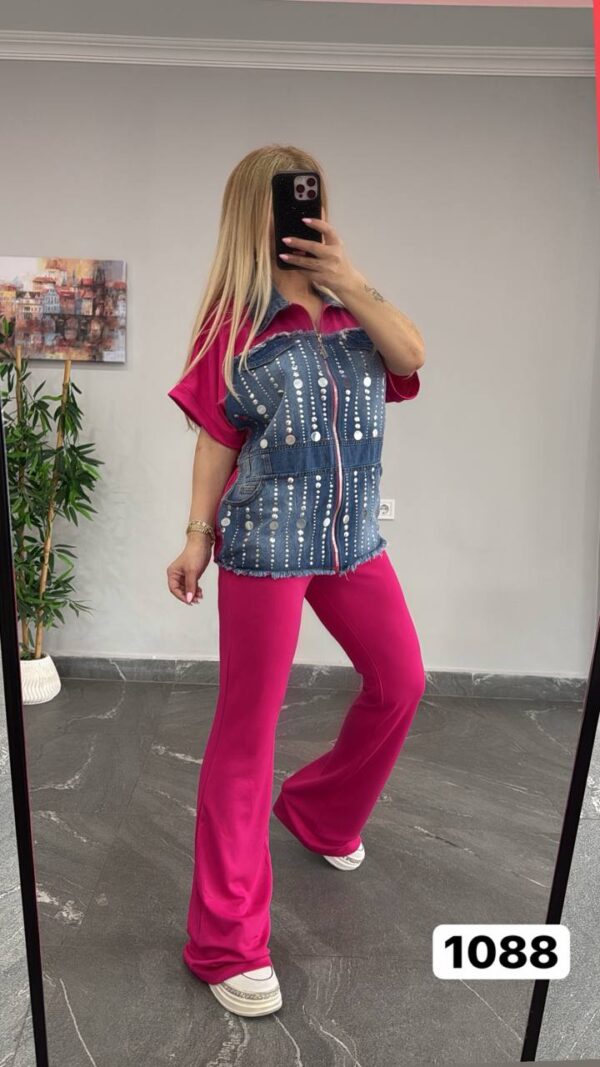 Embellished Denim & Ribbed Flare Pant Set