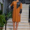 Two-Tone Faux Leather Accent Midi Dress