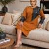 Two-Tone Faux Leather Accent Midi Dress