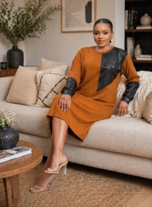 Two-Tone Faux Leather Accent Midi Dress