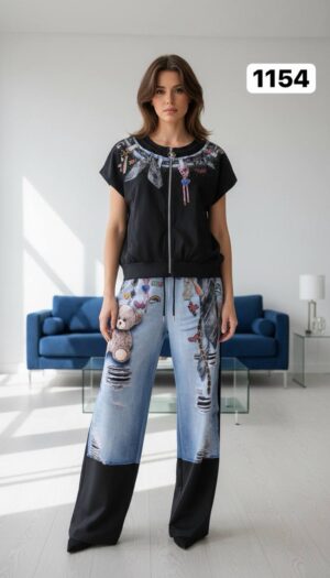 Graphic Print Denim-Effect Tracksuit Set