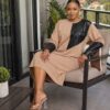 Two-Tone Faux Leather Accent Midi Dress