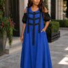 Premium Blue Cold Shoulder Dress with Black Trim