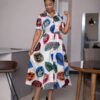 Multicolored Leaf Print A-Line Dress