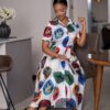 Multicolored Leaf Print A-Line Dress