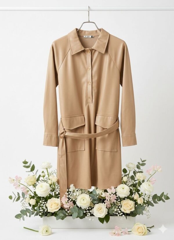 Premium Beige Shirt Dress with Pockets