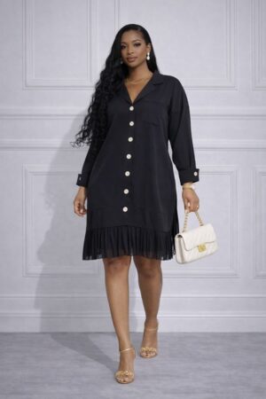 Button-Down Shirt Dress with Pleated Hem