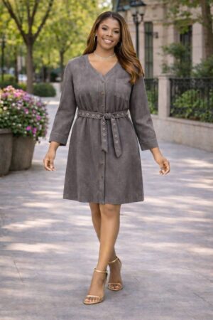 Professional Button-Front Shirtdress with Grommet Belt