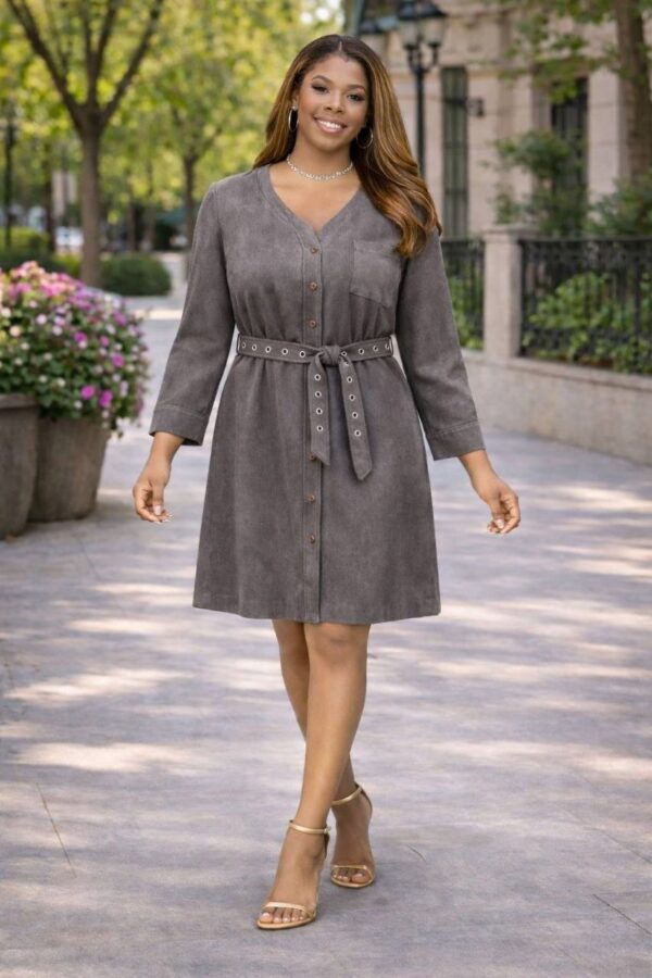 Professional Button-Front Shirtdress with Grommet Belt