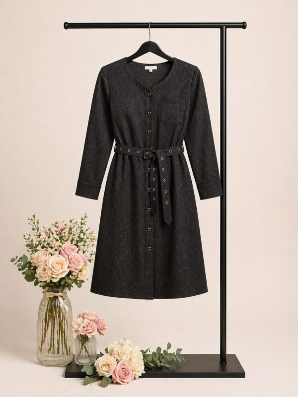 Professional Button-Front Shirtdress with Grommet Belt