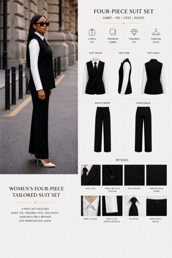 Premium Black & White Business Suit Set - Jacket, Pants, Shirt & Tie