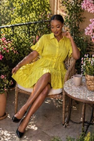 Women's Yellow Pleated Shirt Dress