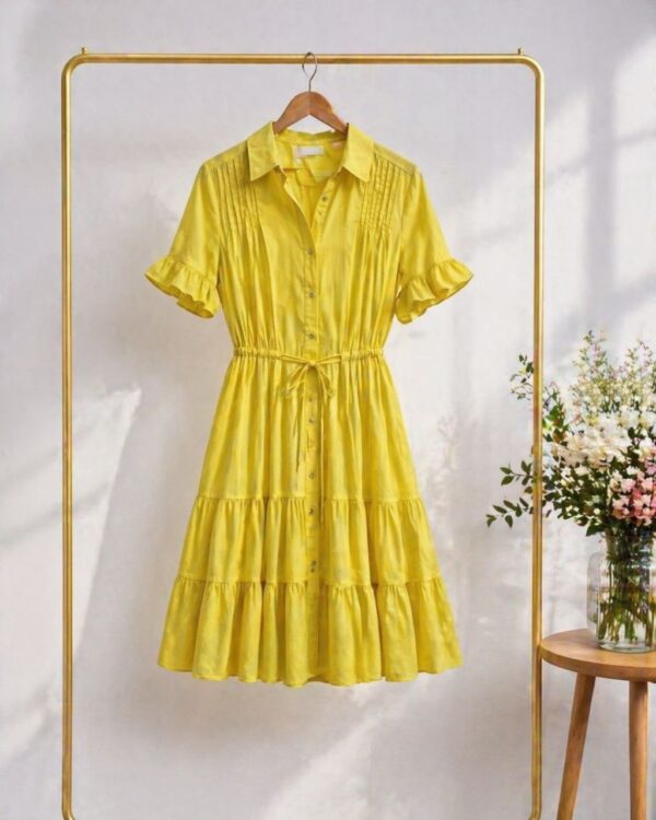 Women's Yellow Pleated Shirt Dress