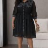 Classic Black Shirt Dress with Plaid Trim