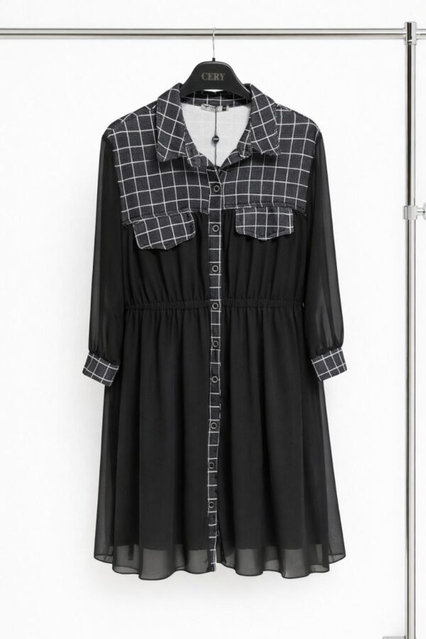 Classic Black Shirt Dress with Plaid Trim