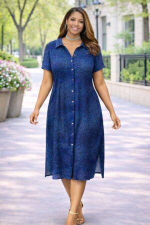 Premium Blue Button-Front Midi Dress