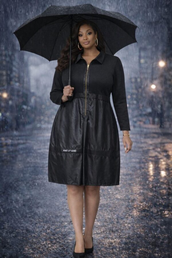 Premium Black Shirt Dress with Leather Panel